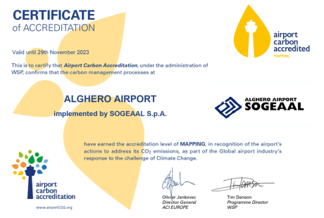 L’AEROPORTO DI ALGHERO-FERTILIA OTTIENE IL LIVELLO 1 – MAPPING DEL PROTOCOLLO AIRPORT CARBON ACCREDITATION