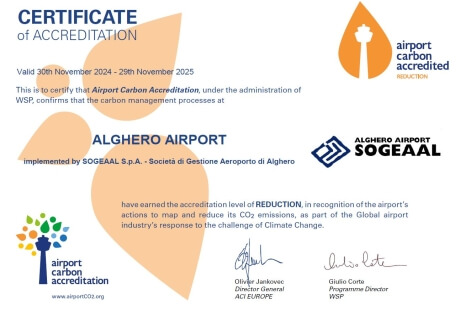 L’Aeroporto di Alghero-Fertilia ottiene il Livello 2 – Reduction del Protocollo Airport Carbon Accreditation